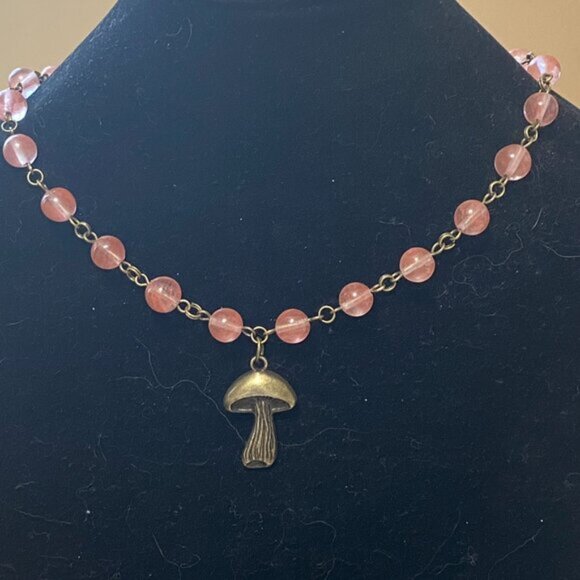 Cute Cherry Quartz Bronze Slim Mushroom Pendant Adjustable Choker - Picture 3 of 16